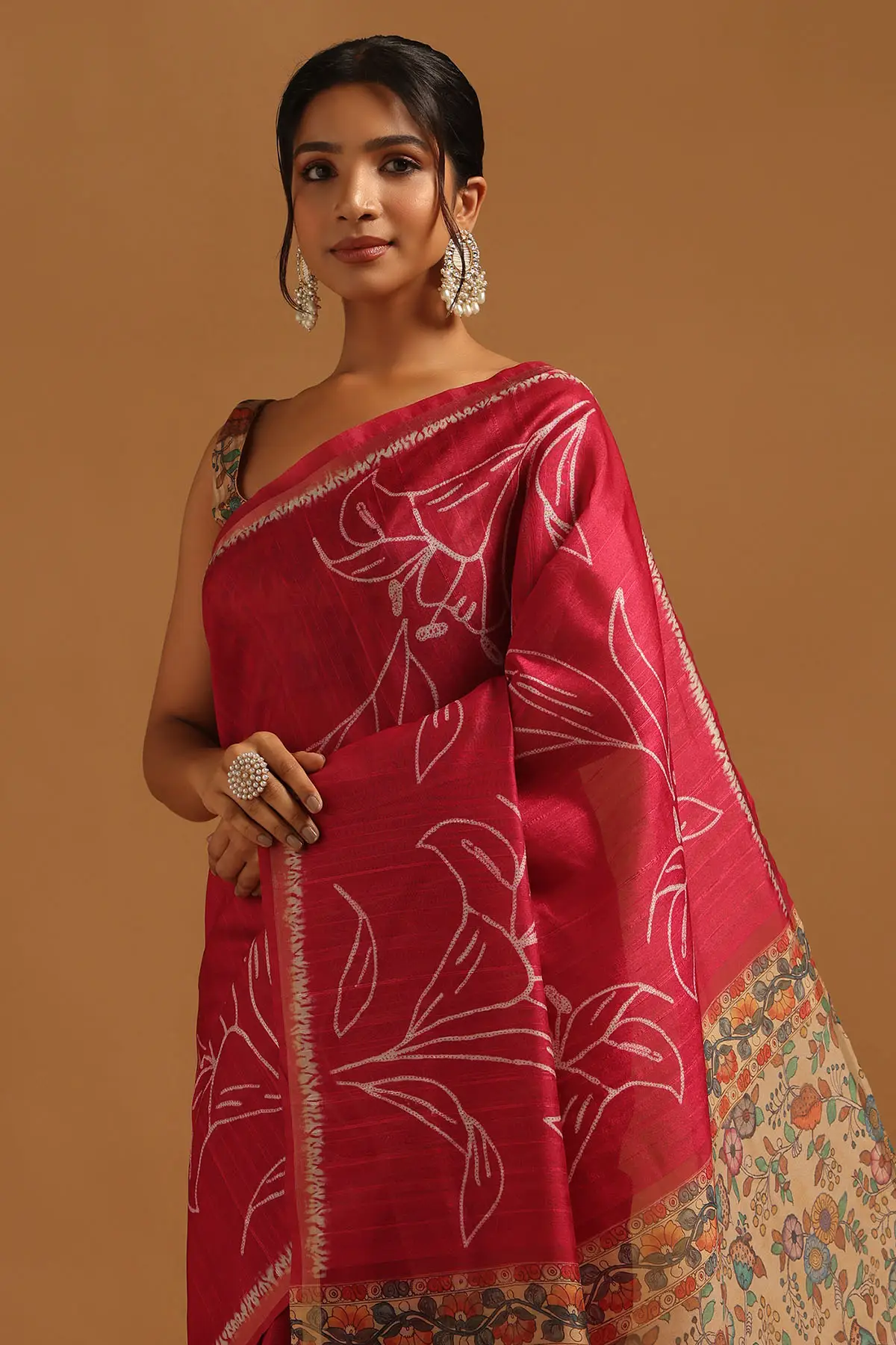 Fuchsia Tussar Floral Printed Saree
